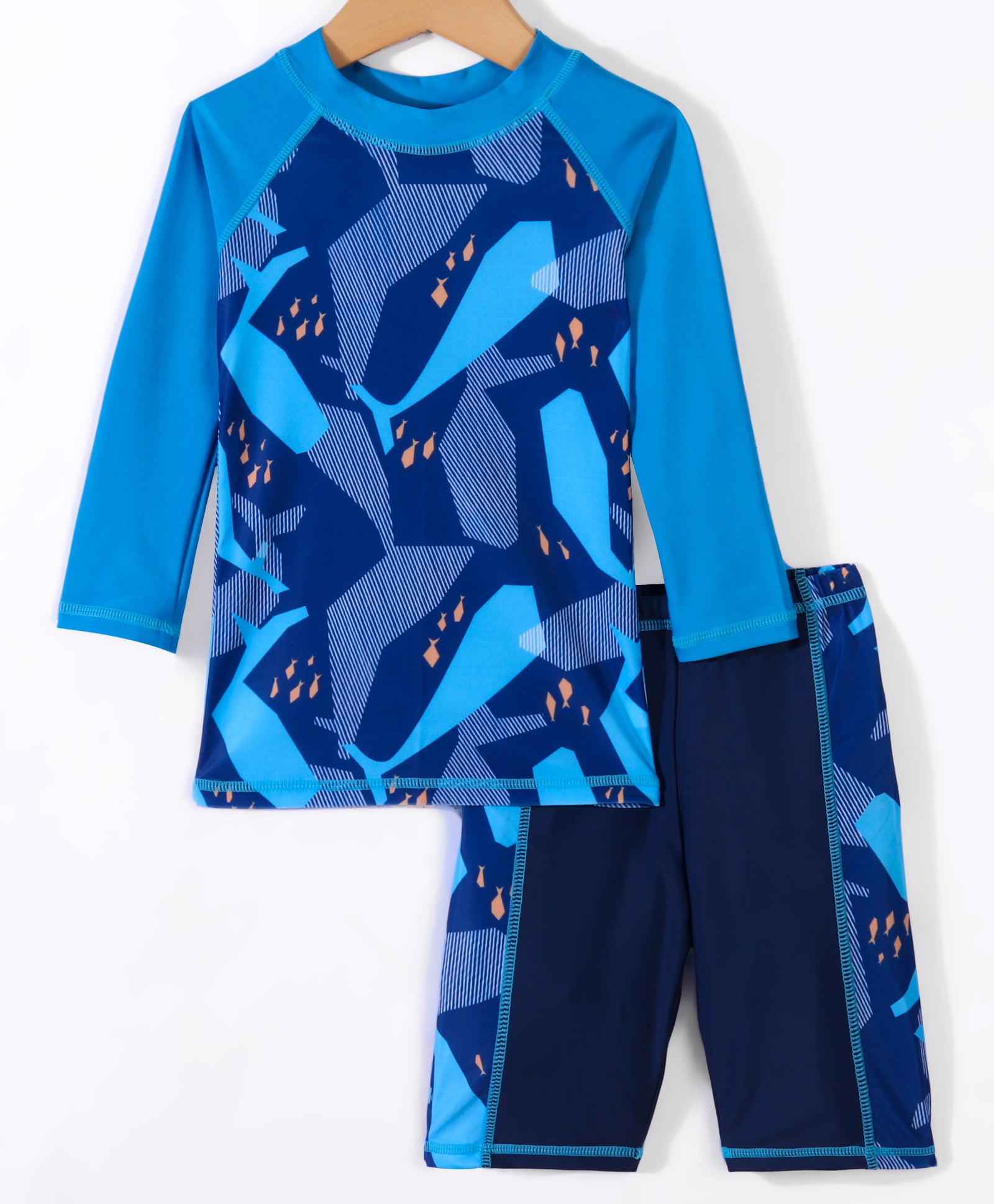 SHARK PRINT FULL SLEEVES 2 PIECE SWIM SUIT - BLUE