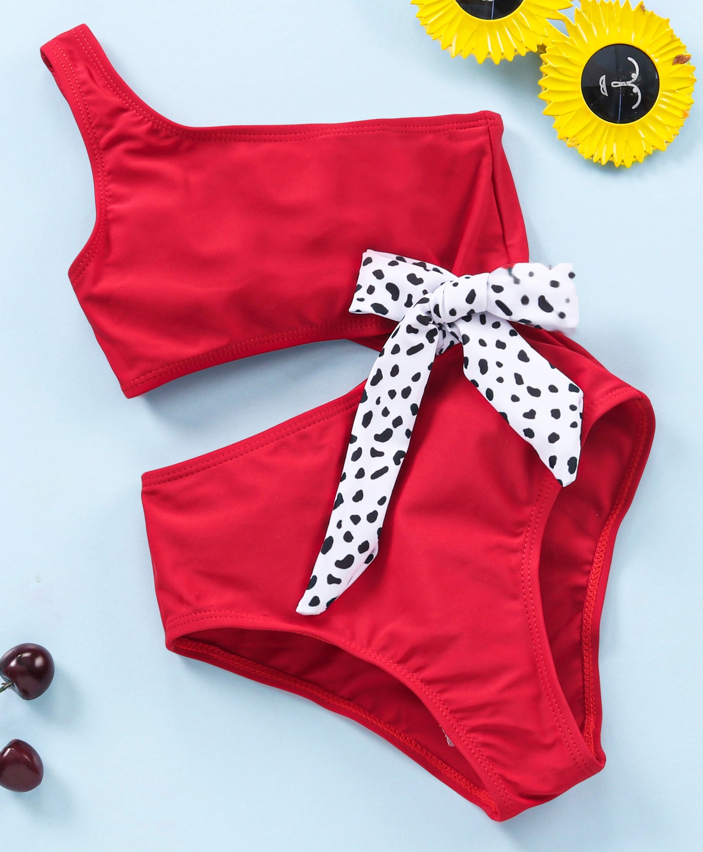 POLKI SIDE CUTE 1PC SWIM SUIT - RED