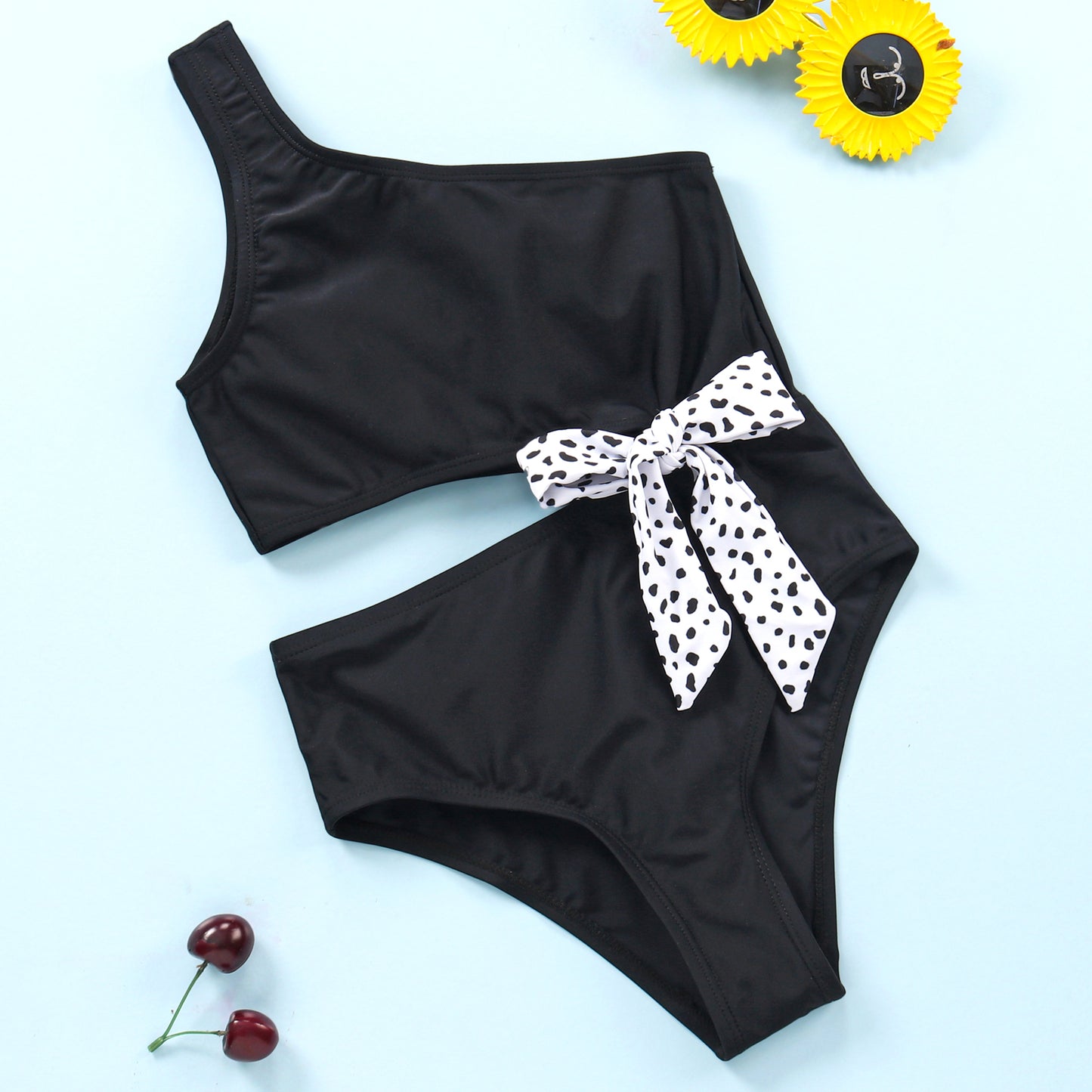 POLKI SIDE CUTE 1PC SWIM SUIT - BLACK