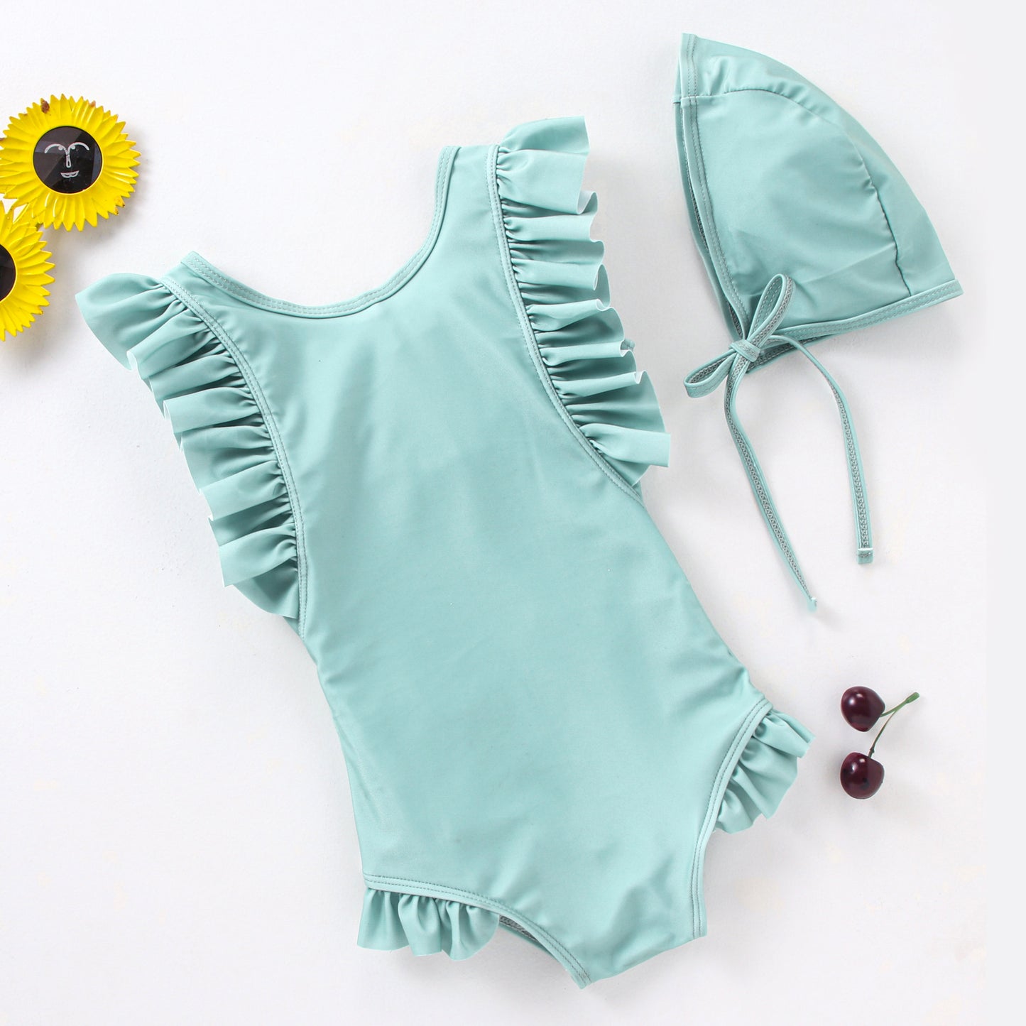 SOLID COLOUR FRILL 1PC SWIM SUIT - GREEN