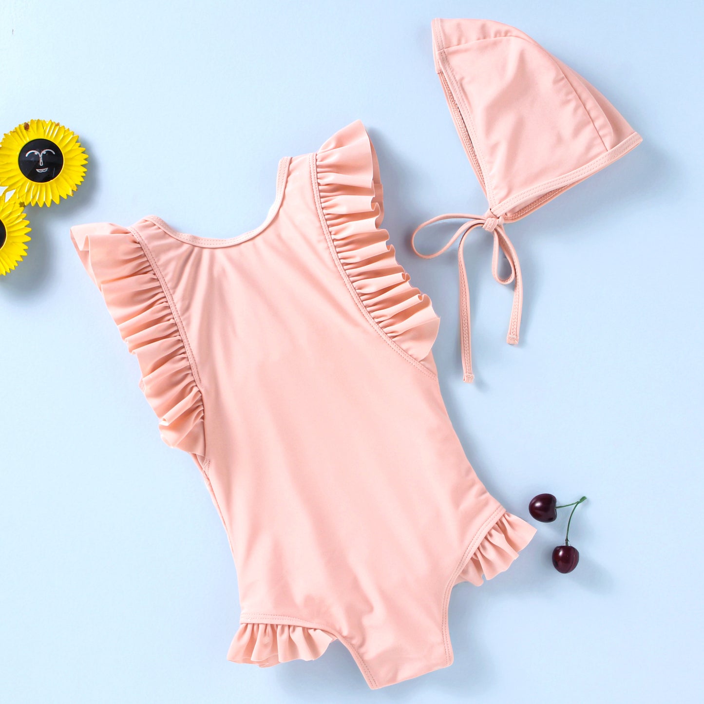 SOLID COLOUR FRILL 1PC SWIM SUIT -PEACH