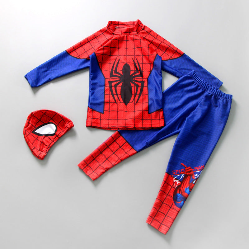 Spider Web Print Full Sleeves Swimsuit With Cap - Red & Blue