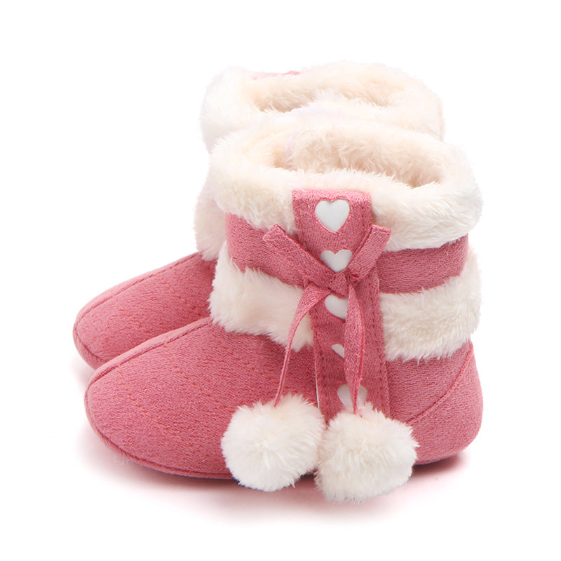 HEART PRINT POM POM APPLIQUE HIGH TOP BOOTIES - PINK