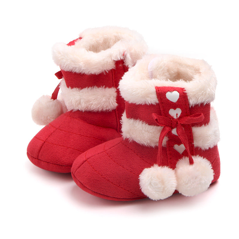 HEART PRINT POM POM APPLIQUE HIGH TOP BOOTIES - RED