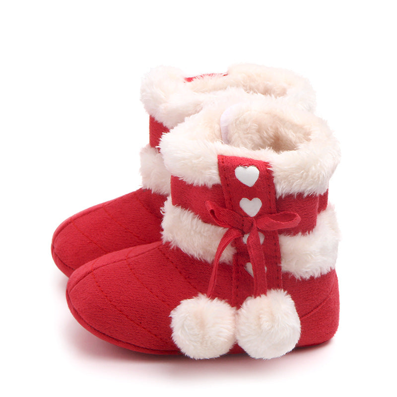 HEART PRINT POM POM APPLIQUE HIGH TOP BOOTIES - RED
