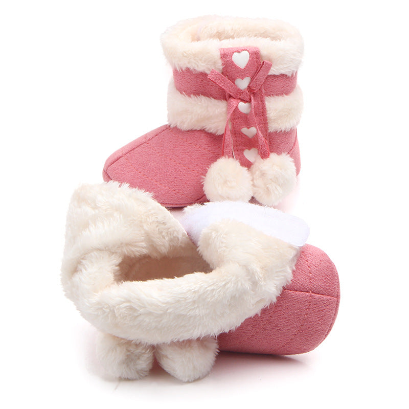 HEART PRINT POM POM APPLIQUE HIGH TOP BOOTIES - PINK