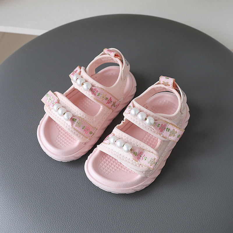 FLORAL PRINTED PEARL APPLIQUE SANDAL - PINK