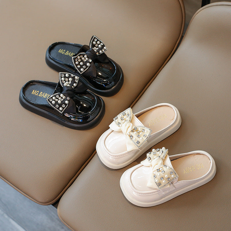 BEADED & PEARL BOW APPLIQUE MULES - WHITE