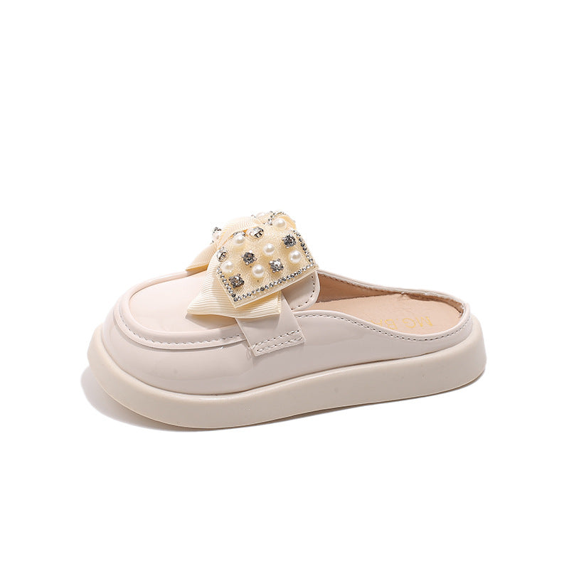 BEADED & PEARL BOW APPLIQUE MULES - WHITE