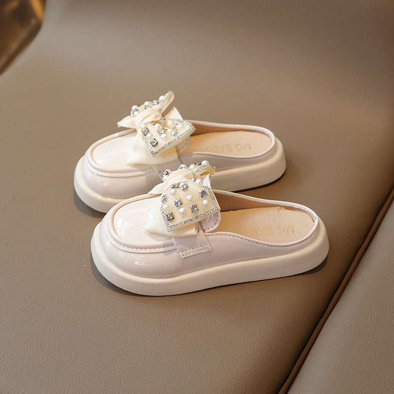 BEADED & PEARL BOW APPLIQUE MULES - WHITE