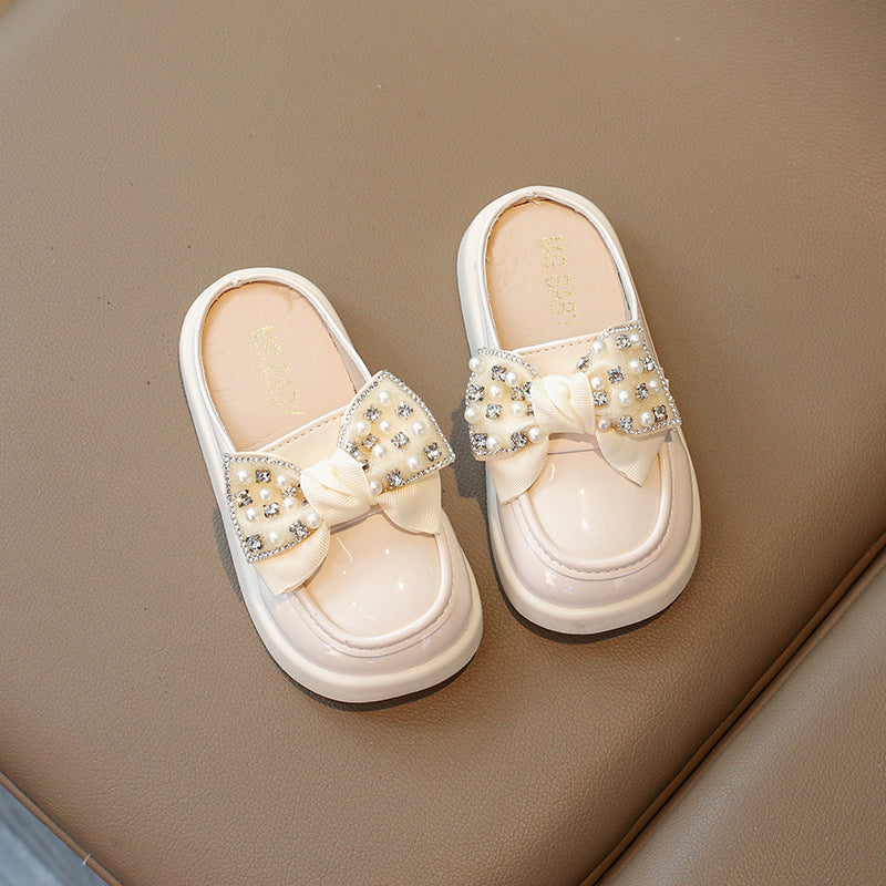 BEADED & PEARL BOW APPLIQUE MULES - WHITE