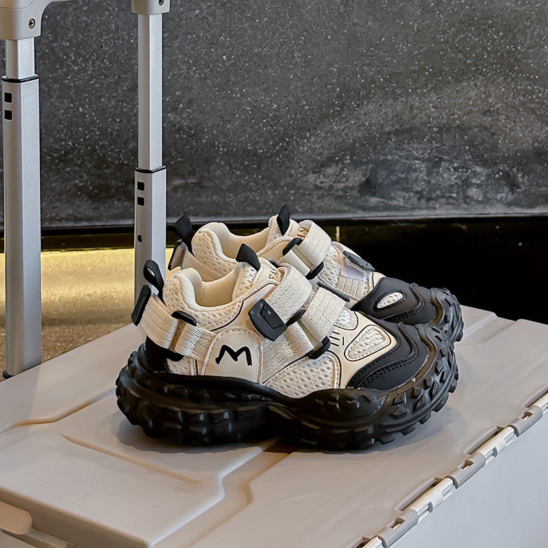 MESH DOUBLE VELCRO CLOSURE SNEAKERS - WHITE & BLACK