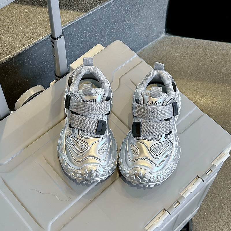 MESH DOUBLE VELCRO CLOSURE SNEAKERS - SILVER