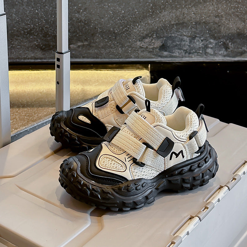 MESH DOUBLE VELCRO CLOSURE SNEAKERS - WHITE & BLACK