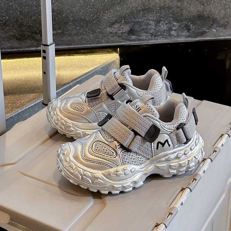 MESH DOUBLE VELCRO CLOSURE SNEAKERS - SILVER