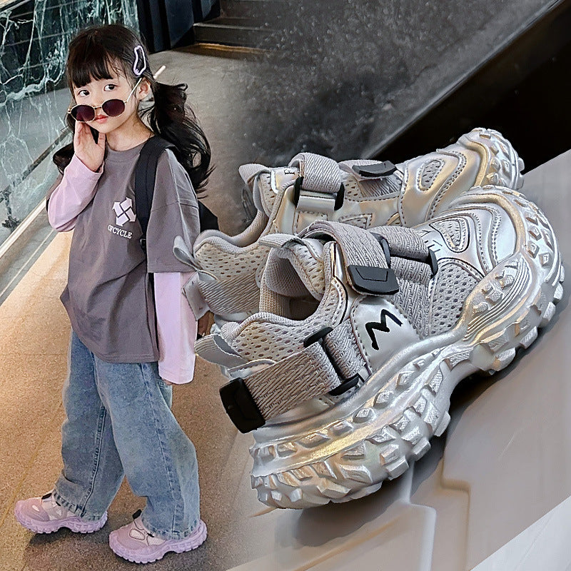 MESH DOUBLE VELCRO CLOSURE SNEAKERS - SILVER