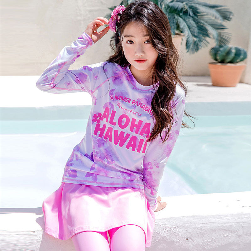 Floral Printed Skirt Style 2 Piece Swimsuit - Purple & Pink