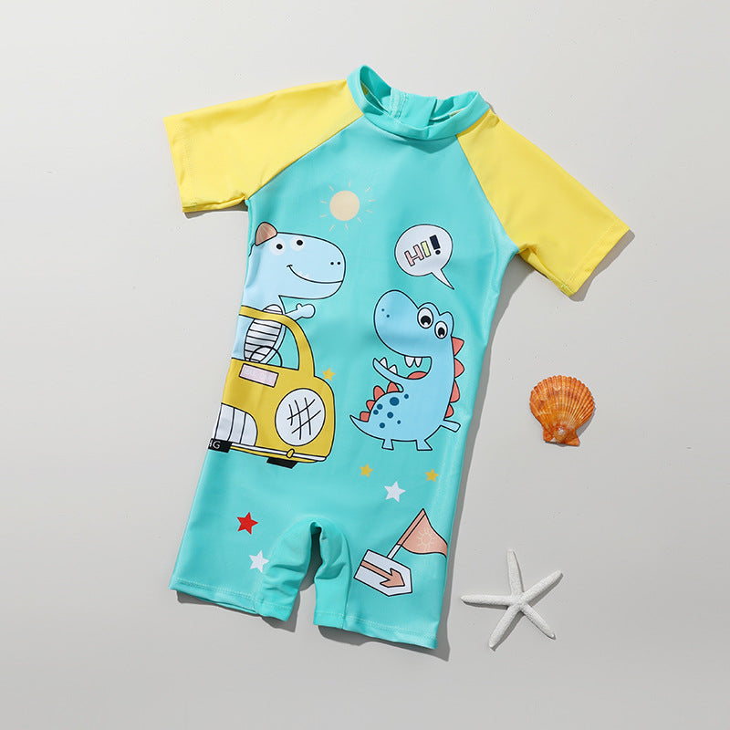 Car & Dinosaur Print Legged Swimsuit - Green