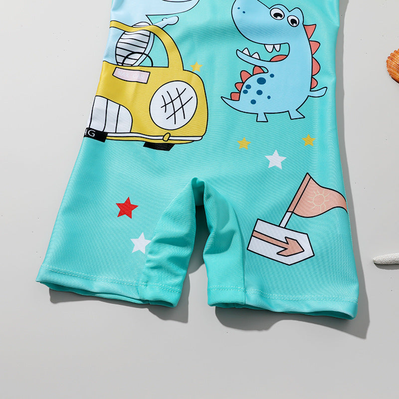 Car & Dinosaur Print Legged Swimsuit - Green