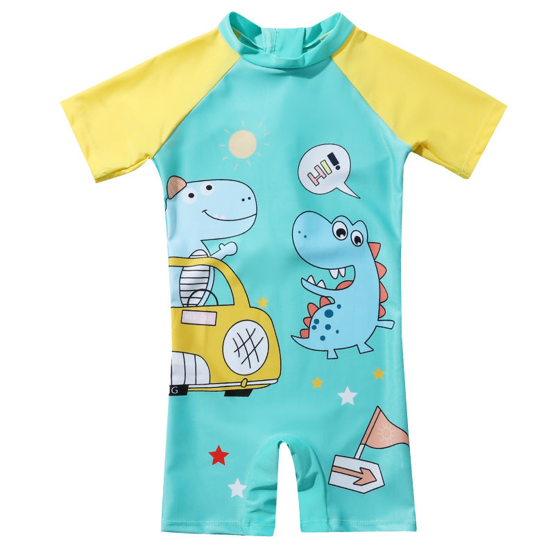 Car & Dinosaur Print Legged Swimsuit - Green