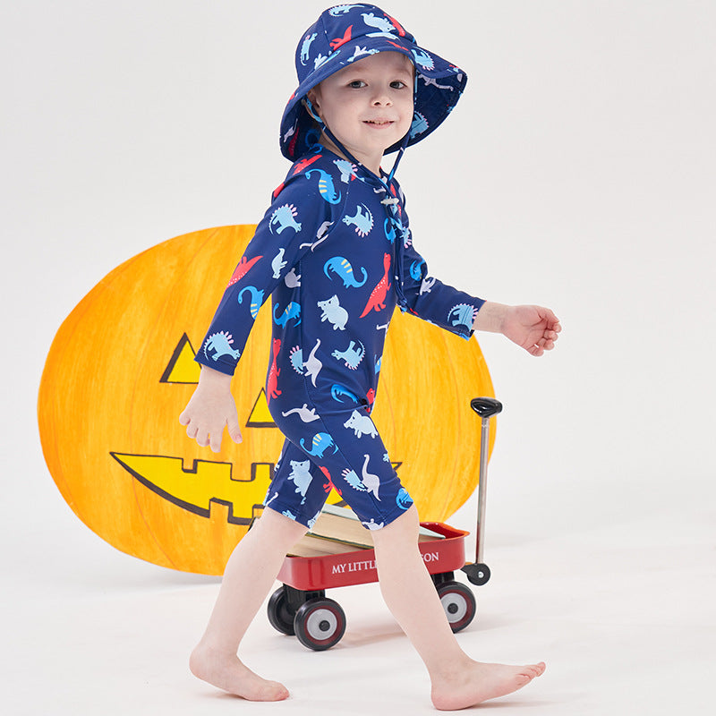 Dinosaur Printed Legged Swimsuit - Navy