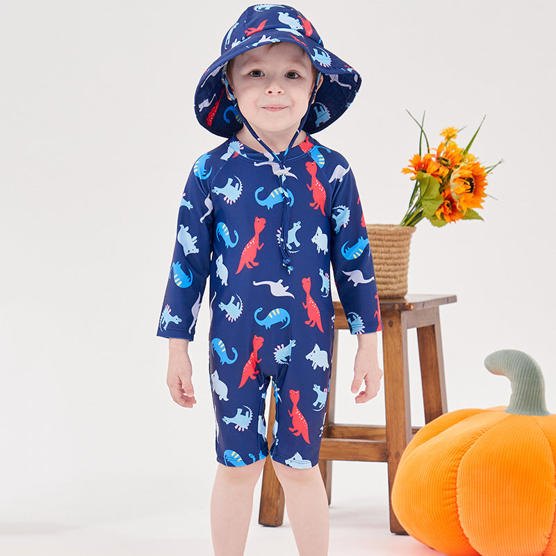 Dinosaur Printed Legged Swimsuit - Navy