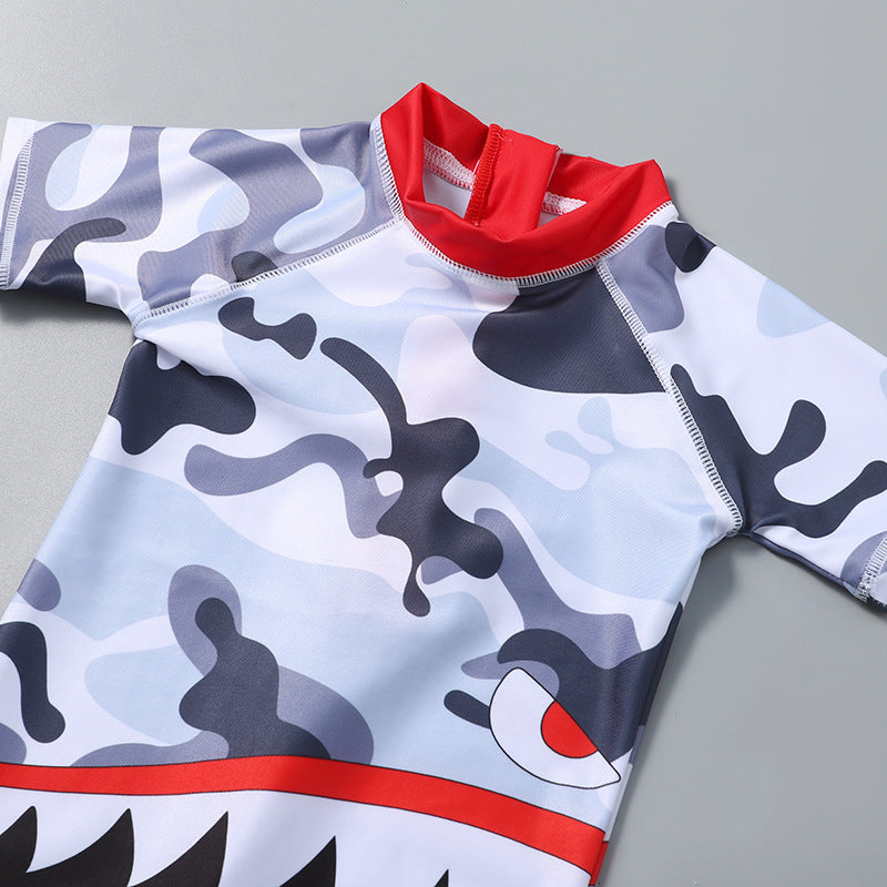 Shark Print Legged Swimsuit - White & Black