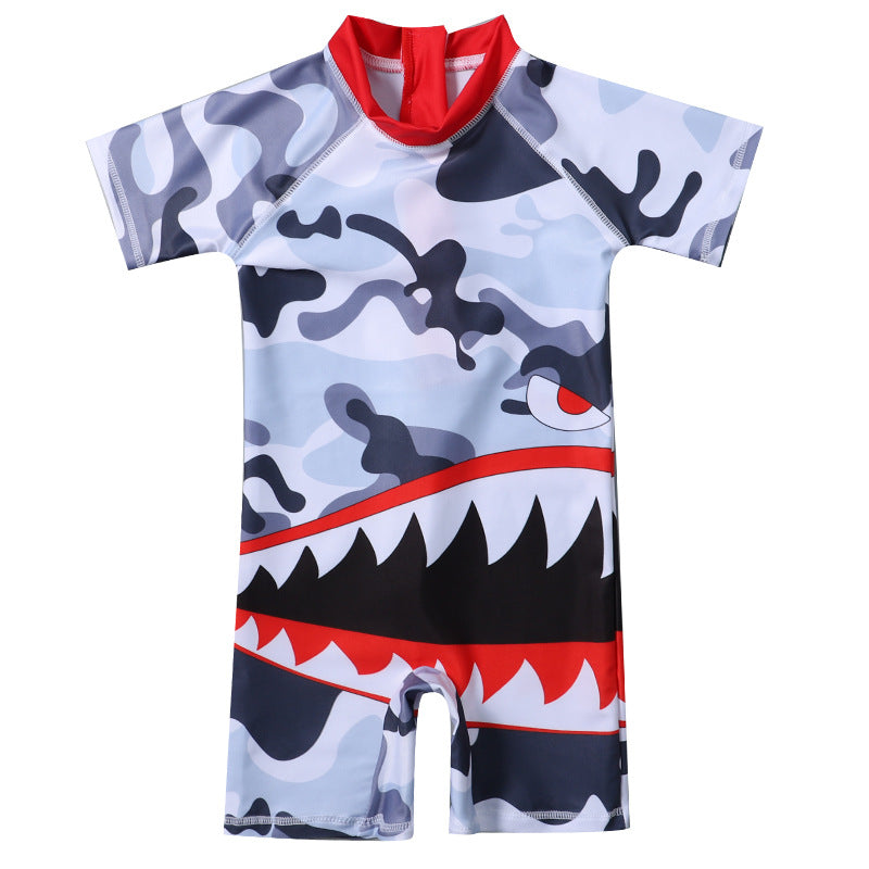 Shark Print Legged Swimsuit - White & Black