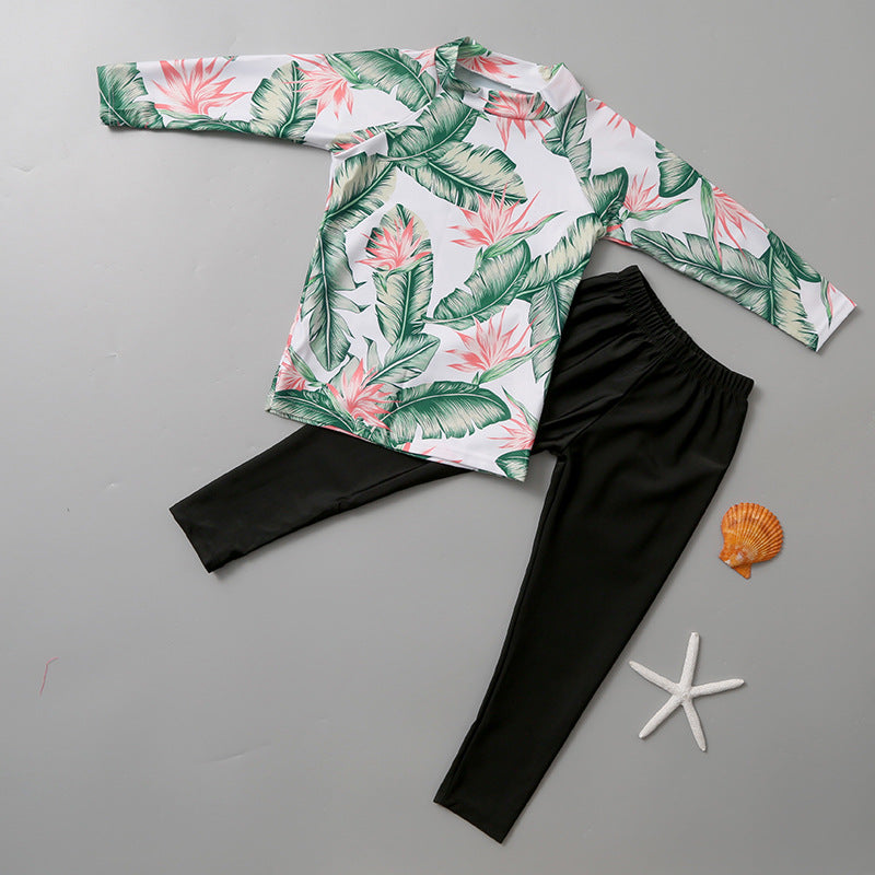 Leaves Printed 2 Piece Swimsuit - Green & Black