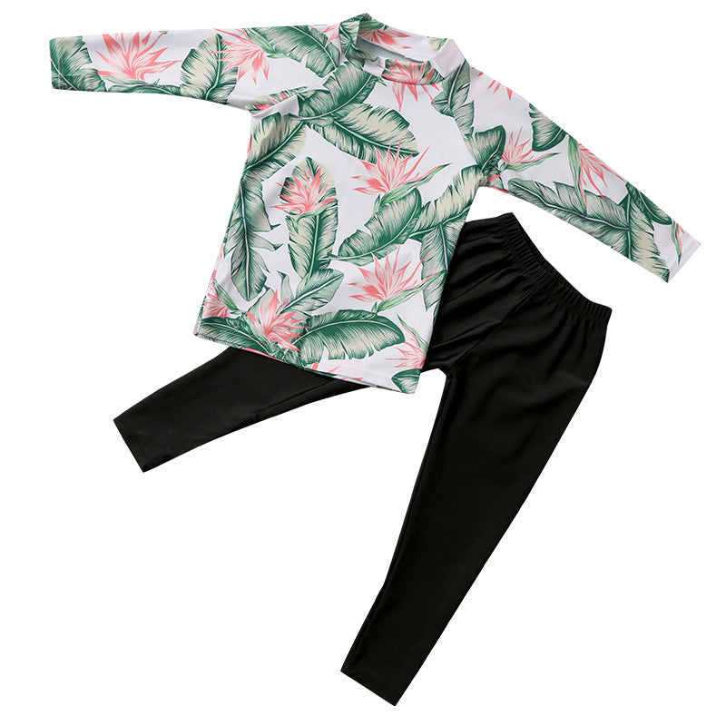 Leaves Printed 2 Piece Swimsuit - Green & Black
