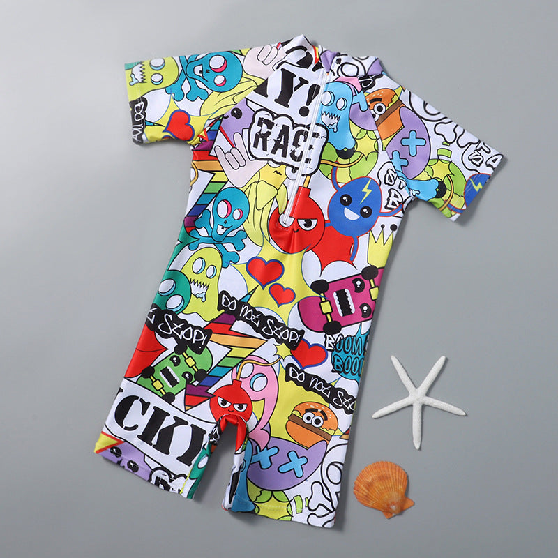 All Over Cartoons Printed Legged Swimsuit - Multicolor