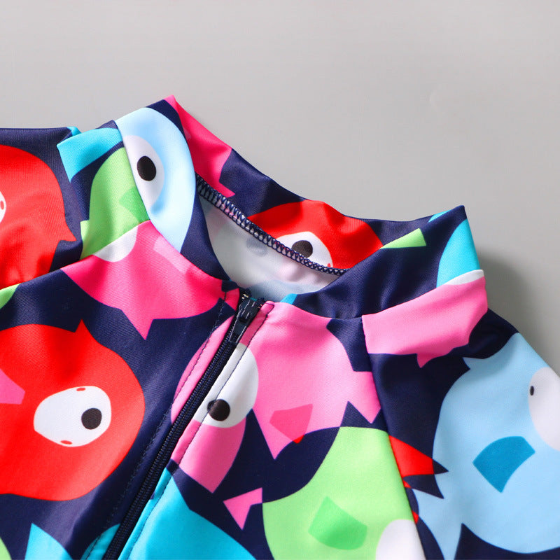 All Over Fish Printed Legged Swimsuit With Cap - Multicolor