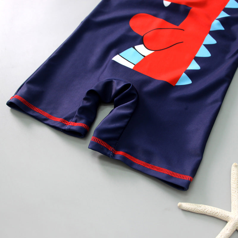 Little Dino Print Legged Swimsuit With Cap - Navy Blue
