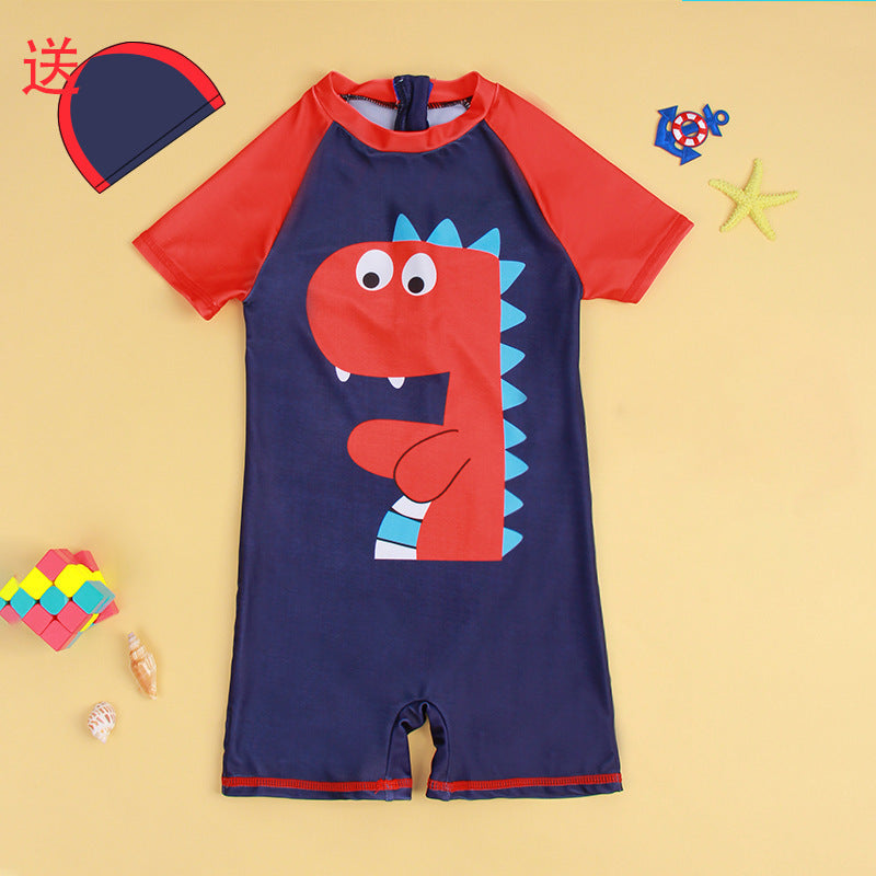 Little Dino Print Legged Swimsuit With Cap - Navy Blue