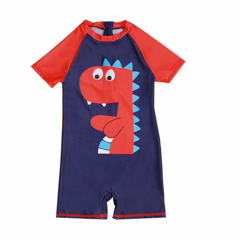 Little Dino Print Legged Swimsuit With Cap - Navy Blue