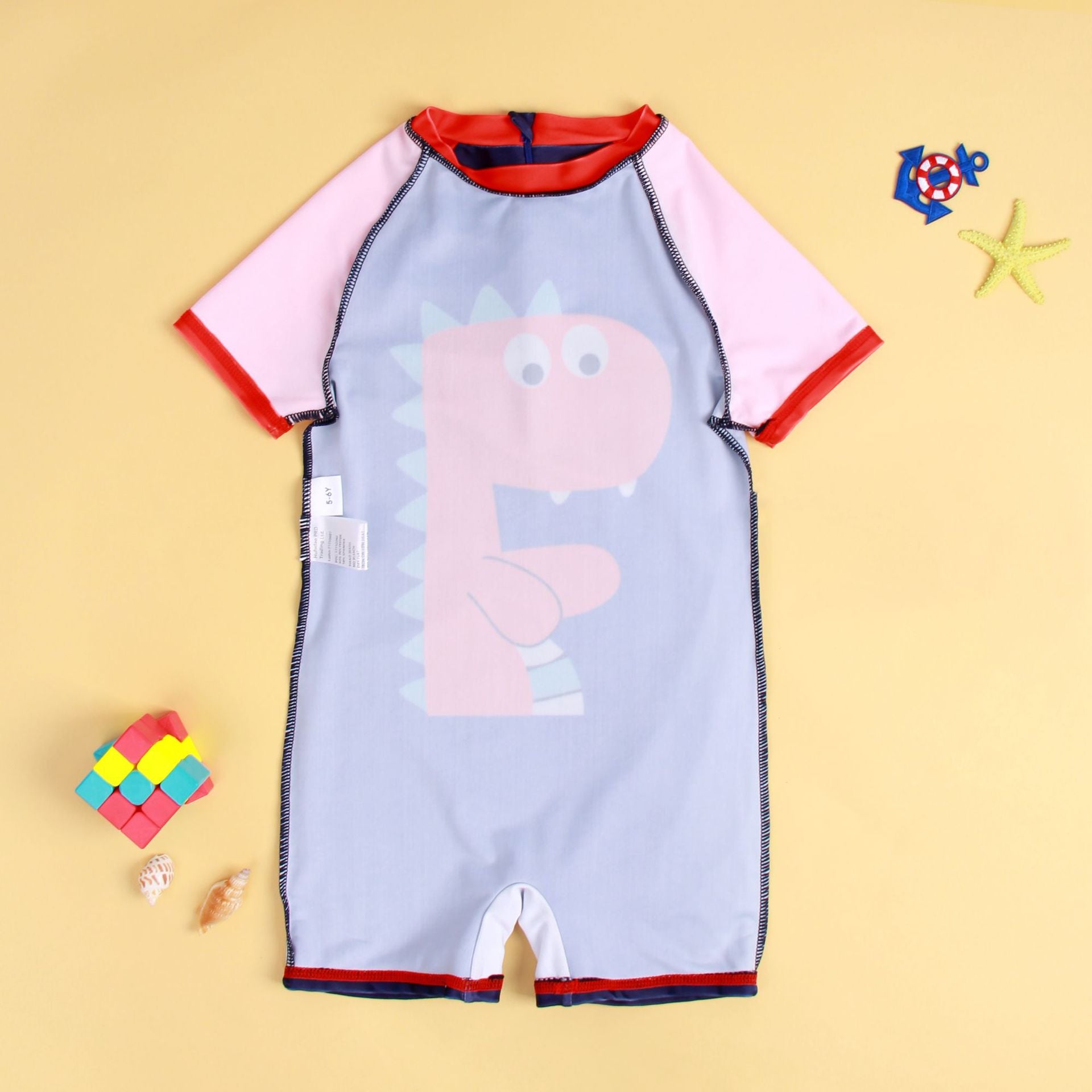 Little Dino Print Legged Swimsuit With Cap - Navy Blue