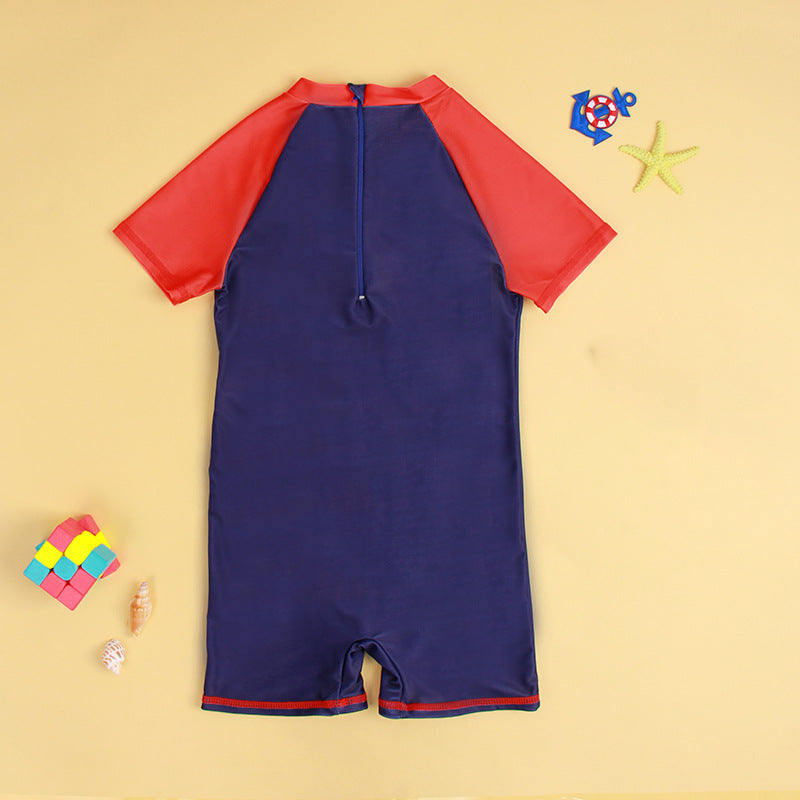 Little Dino Print Legged Swimsuit With Cap - Navy Blue