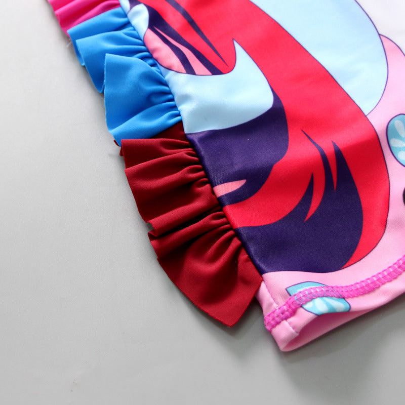 Flower & Unicorn Print Frill Applique Legged Swimsuit - Pink