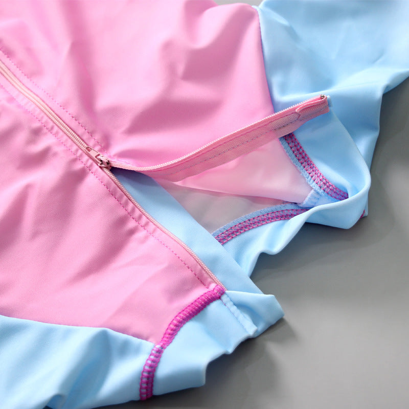 Flower & Unicorn Print Frill Applique Legged Swimsuit - Pink