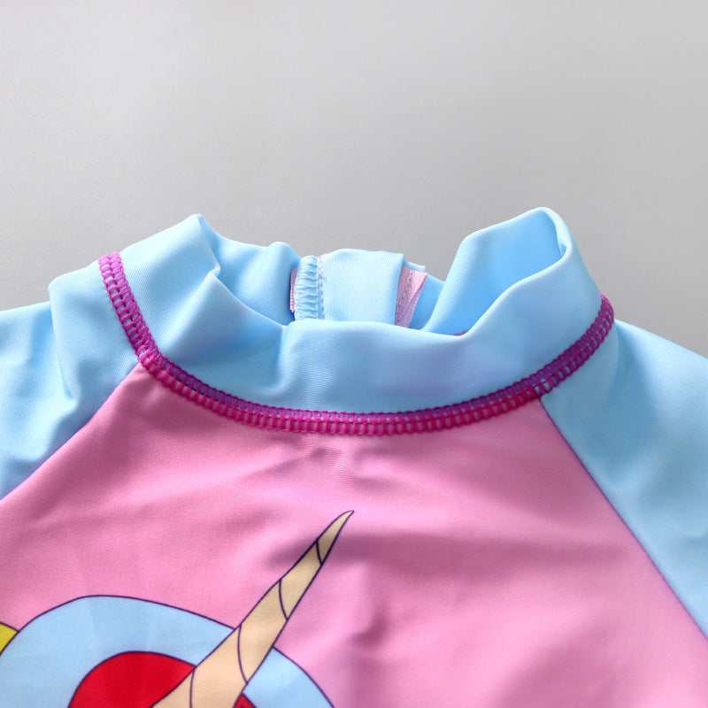 Flower & Unicorn Print Frill Applique Legged Swimsuit - Pink