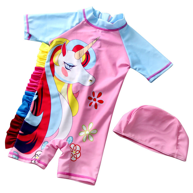 Flower & Unicorn Print Frill Applique Legged Swimsuit - Pink