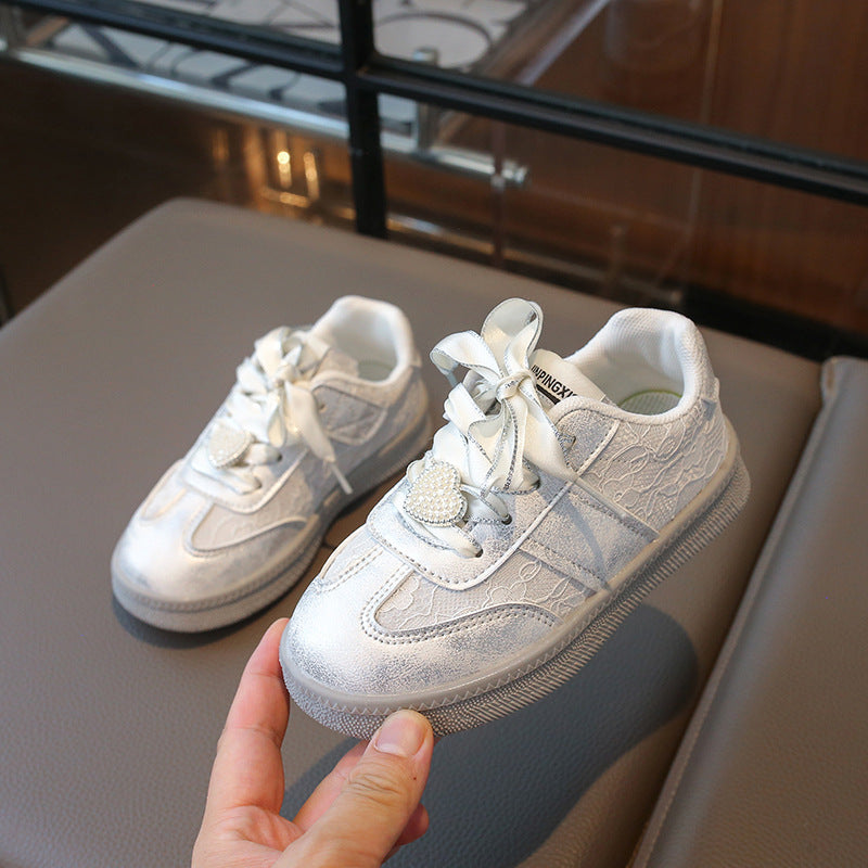 Heart Applique Embroidered Velcro Sneakers - Grey