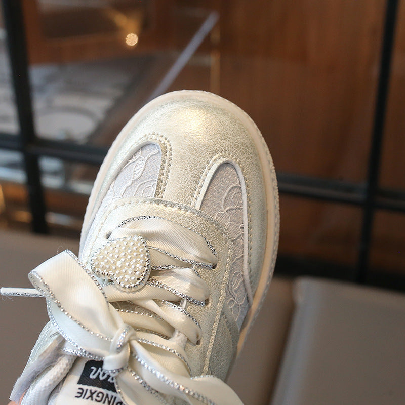 Heart Applique Embroidered Velcro Sneakers - Beige