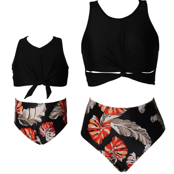 Knot Detailed Leaves Printed 2 Piece Swimsuit - Black