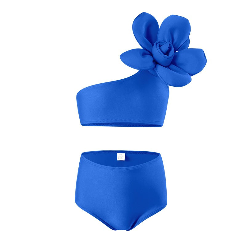 Off Shoulder Flower Applique 2 Piece Swimsuit - Blue