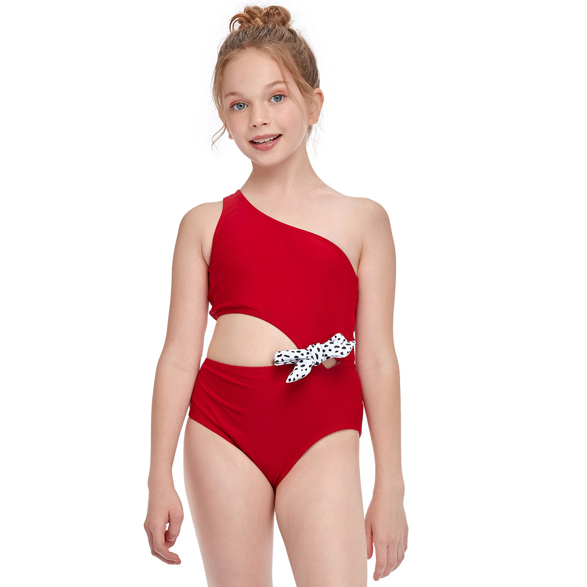 One Shoulder Side Cut Knot Detailed V Cut Swimsuit - Red