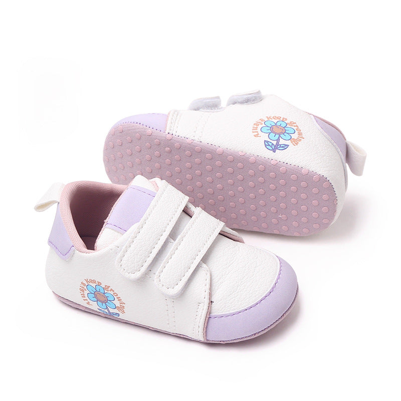FLOWER PRINT DOUBLE VELCRO BOOTIES - WHITE & PURPLE
