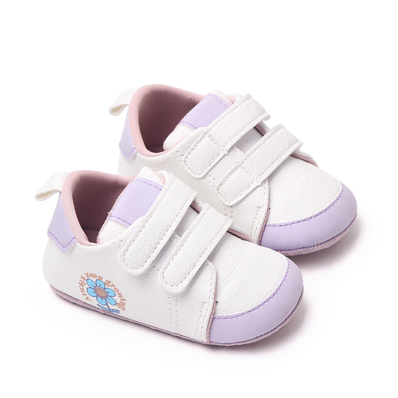 FLOWER PRINT DOUBLE VELCRO BOOTIES - WHITE & PURPLE