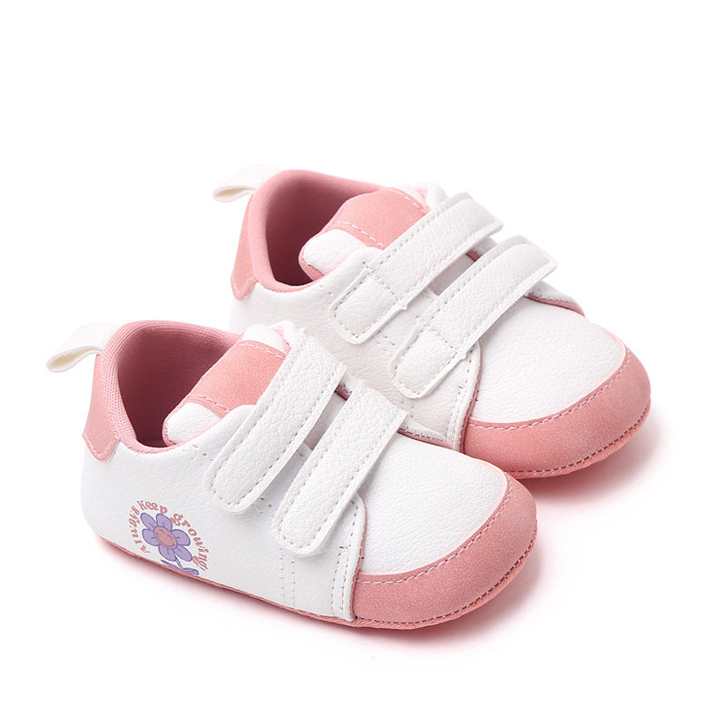 FLOWER PRINT DOUBLE VELCRO BOOTIES - WHITE & PINK