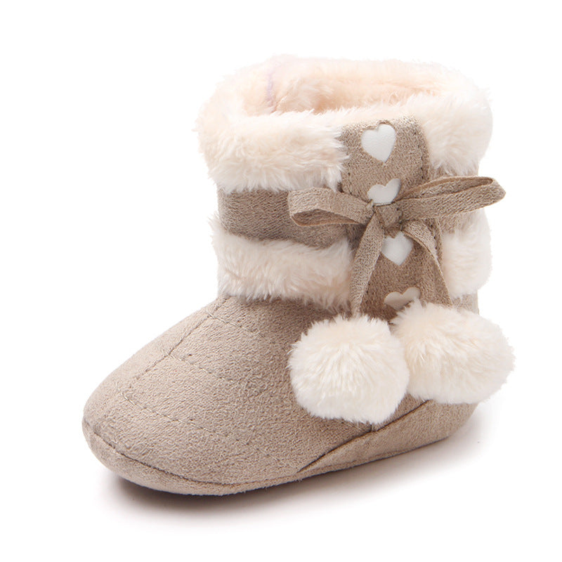 HEART PRINT POM POM APPLIQUE HIGH TOP BOOTIES - BEIGE